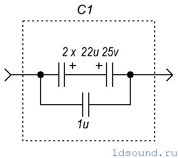 ru як С1 передбачено посадочне місце для неполярного конденсатора, який складається з двох електролітів, включених «мінусами» один до одного і «плюсами» в ланцюг і зашунтувати плівковим конденсатором 1 мкФ: