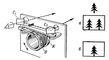 Зовнішній вигляд (а) і схема пристрою (б) стереоскопічного далекоміра: A1, A2 - вікна;  B1, B2 - відбивачі (призми);  O1, O2 - оптичні системи, що будують зображення;  К - компенсатор для поєднання «марки» із зображенням;  C1 і C2 - призми;  Ок - окуляр;  в - поле зору з «марками»