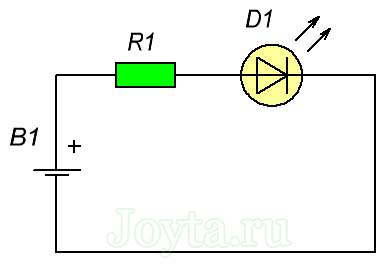 Тепер постає питання: як підібрати резистор для обмеження струму червоного світлодіода, підключеного згідно з наступною схемою: