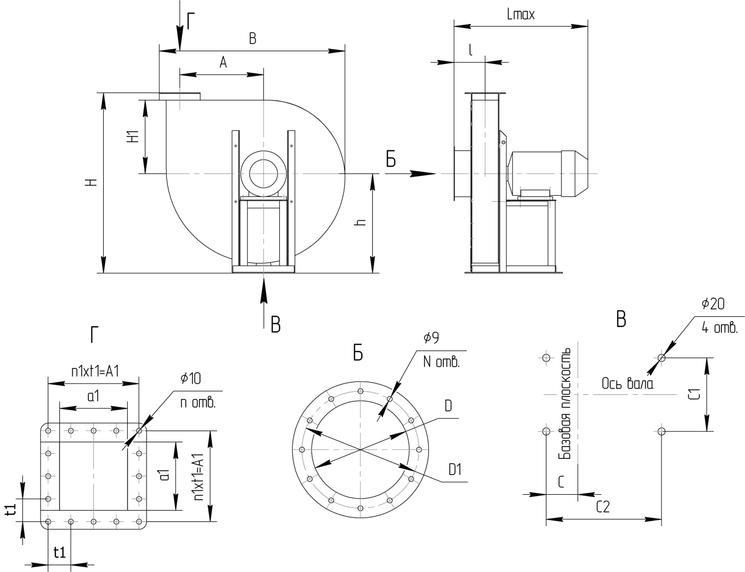Габаритні і приєднувальні розміри вентиляторів ВВД (виконання 1)